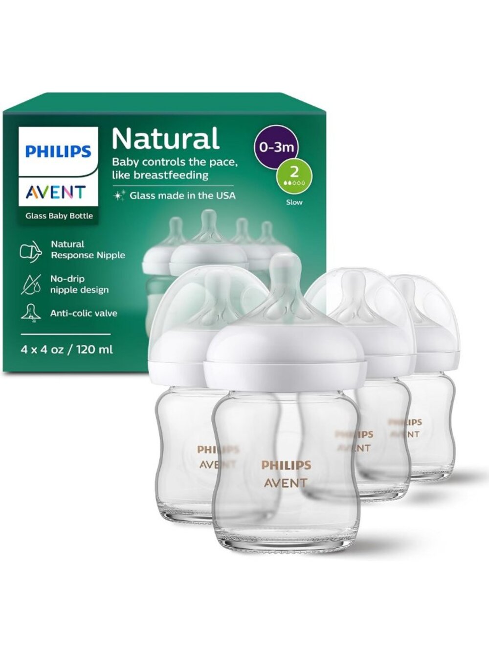 Natural Glass Baby Bottles, Slow Flow, 4 oz, BPA-Free, 4-Pack for Infants